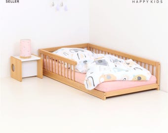 L-FLOORbed - Montessori Kinder Bodenbett mit Schutzgitter, Buchenholz Kinderbett