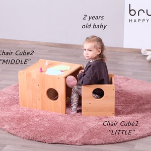 Little set of Montessori cUbe chairs 2 pieces FULL SOLID WOOD image 3