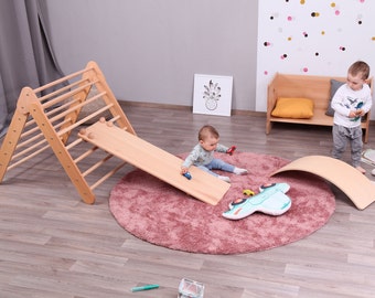 Salle d'escalade Montessori pour enfants et tout-petits - Triangle d'escalade avec rampe - Planche d'équilibre - Kletterdreieck mit Rutche und Schaukelbrett