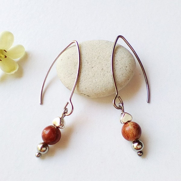 Boucles d'oreilles argent - BO coeur - perle de jaspe naturelle  - cadeau pour elle