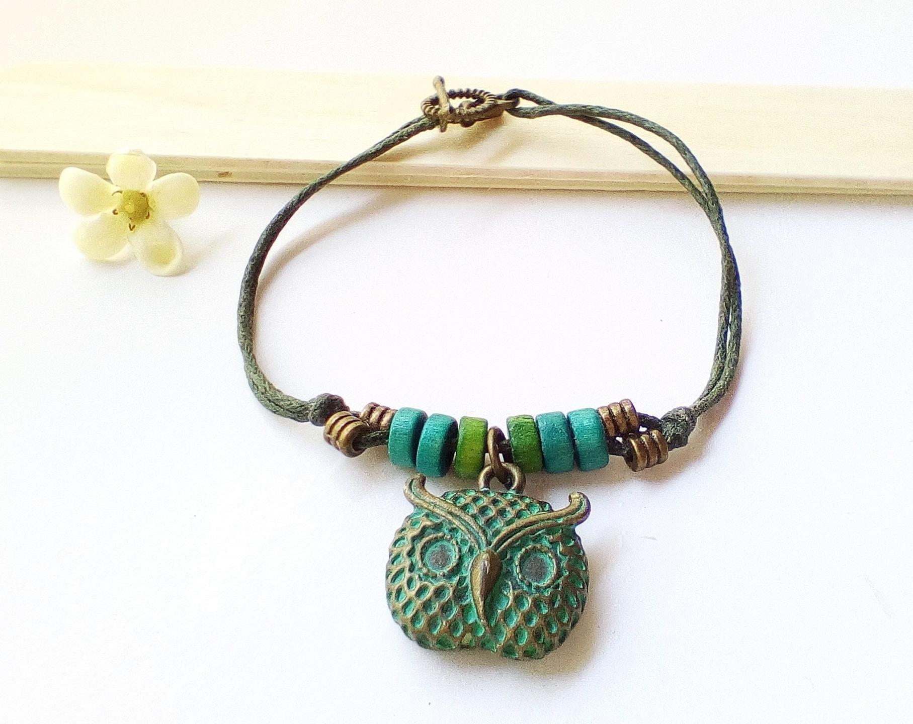 Bracelet hibou, bracelet bronze, coton cir&eacute;, bracelet boh&egrave;me