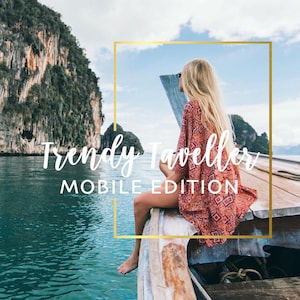 May include: A woman with long blonde hair sits on a wooden boat in a tropical setting. She is wearing a red and white patterned shirt and sunglasses. The text "Trendy Traveller MOBILE EDITION" is visible in the image.