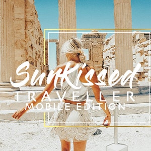 May include: A woman in a white dress walks in front of ancient ruins. The text "Sunkissed Traveller Mobile Edition" is superimposed on the image.