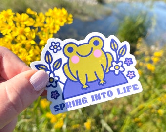 Spring Into Life Sticker // Vinyl Die-cut Sticker // Waterproof Sticker // Notebook Sticker // Frog Lover // Decal // Scrapbook // Funny Pun