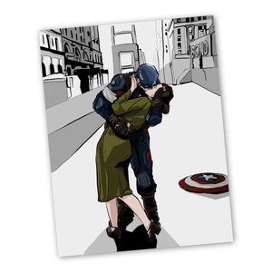 Stampa artistica di Captain America e Peggy Carter / Iconica stampa "The Kiss" del Giorno della Vittoria in Europa Marvel