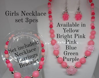 Necklace-Kids-Girl Sets- 3 Pcs- Design: Pink ,Bright Pink, Green, Yellow, Purple and Blue