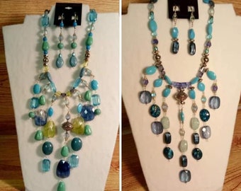 Necklace-Bib Necklace Sets -BLUE- Bib Style- 2Pcs: Necklace and Earrings- Color- Blue