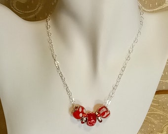 Necklace Heart Shape Chain-Red-Heart Shape Chain and necklace closure- 5 glass/ Metal beads large Hole - Rhinestone Metal Spacer Charm Bead