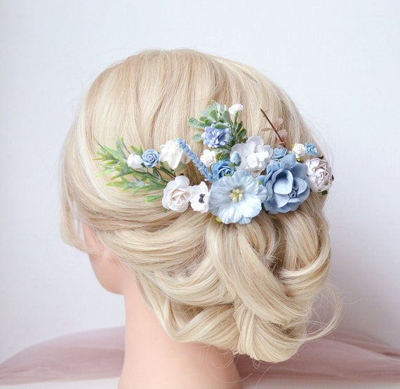 Flower Hair Pins Set Of 5 Blue Flower Clip White Wedding Etsy