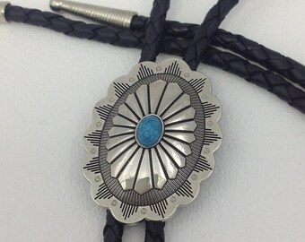 Trending Concho Bolo Tie Western Jewelry Silver Antique w Scandalous Blue Enamel Gift Her Him Boyfriend Girlfriend American Made #80172-1
