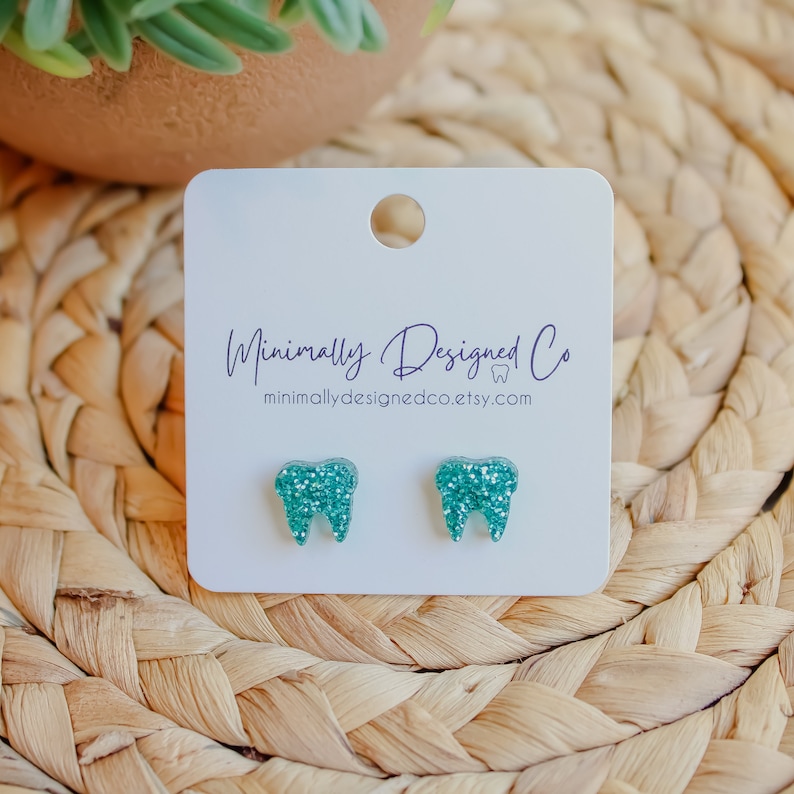 TEAL GLITTER Tooth Earrings Single Set Dental Hygienist, Dental Assistant, Dentist, Student, Dental Gift image 1