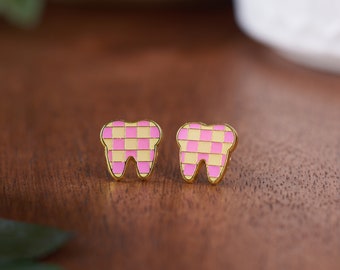 PINK CHECKERED | Enamel | Tooth Earrings | Single Set | Dental Hygienist, Dental Assistant, Dentist, Student, Dental Gift