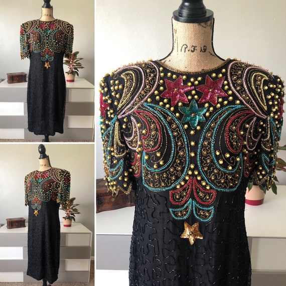 Beaded Party Dress Size L Silk Midi Cocktail Dress
