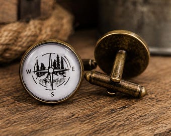 Compass Rose Cufflinks, Silver Nautical Cuff Links, 16mm Glass Dome, Sailor Boater Gift