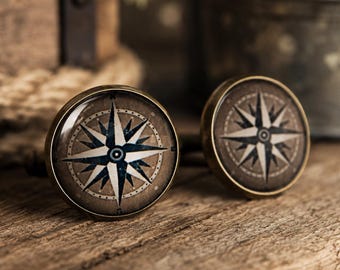 Compass Rose Cufflinks, Antique Bronze Nautical Cuff Links, 16mm Glass Dome, Sailor Gift