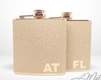 Personalized Monogrammed 2 Initial Letter Flask - Glitter Rose Gold or Silver 6 oz Liquor Hip Flask, Bridesmaids Birthday Gift for Her