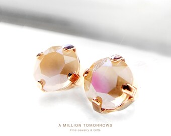 Swarovski Cream Chaton Round SS39 Crystal Rose Gold Classic Stud Earrings, Bridal Party, Bridesmaid, Wedding, Prom, Bride