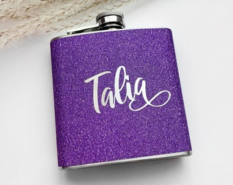 Personalized Name Flask - Purple Glitter Rose Gold or Silver Stainless Steel 6 oz Liquor Hip Flask - Gift for Bridesmaids Birthday Wedding
