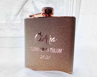 Personalized Flask - Glitter Rose Gold or Silver Stainless Steel 6oz Liquor Hip Flask,Gift for Girls Trip Bridesmaids Bride Birthday for Her