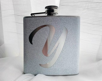 Personalized Monogrammed Flask - Glitter Silver or Rose Gold  6 oz Liquor Hip Flask, Gifts for Bridesmaids Birthday Mom Wedding gift for her