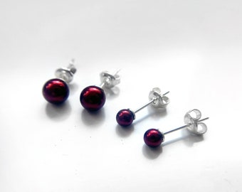 4mm or 6mm bordeaux dark red crystal pearl minimalist stud earrings / pearl studs / bridesmaid earrings / bride earrings / classic pearls