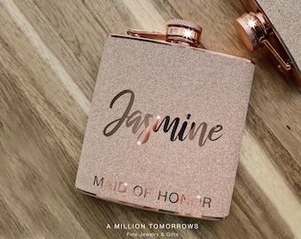 Personalized Flask - Glitter Rose Gold Silver Stainless Steel 6 oz Hip Flask, Gift for Maid of Honor Bridesmaid proposal Bride Bridal Party