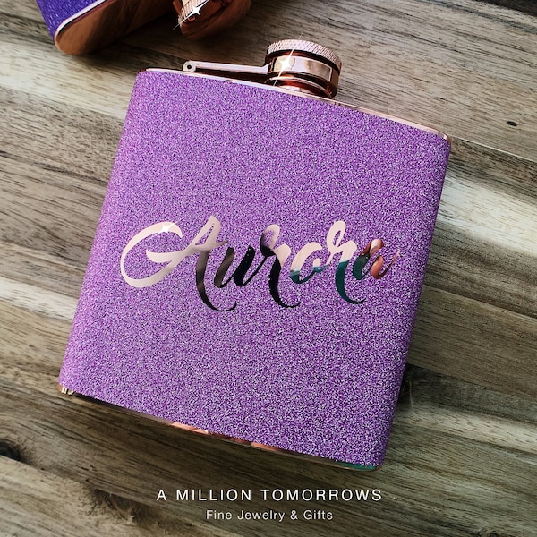 Personalized Custom Name Flask Pink Glitter on Rose Gold or Silver Stainless Steel 6oz Liquor Hip Flask Gift for Sister Mom Birthday for Her