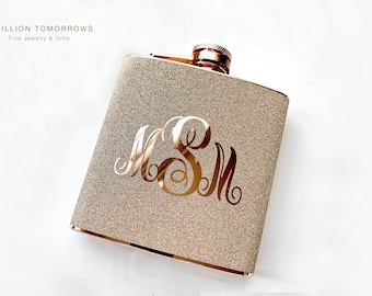 Personalized 3 Initial Monogrammed Flask - Glitter Rose Gold or Silver 6 oz Liquor Hip Flask, Gifts for Mom Sister Best Friend Her Birthday