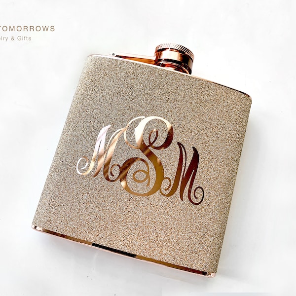 Personalized 3 Initial Monogrammed Flask - Glitter Rose Gold or Silver 6 oz Liquor Hip Flask, Gifts for Mom Sister Best Friend Her Birthday