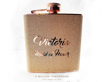 Personalized Glitter Rose Gold Silver Stainless Steel 6 oz Liquor Hip Flask, Gift for Maid of Honor Bridesmaid Bride Mother of the Groom