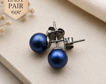 Iridescent Dark Blue Pearl Stud Earrings, 6mm Swarovski Crystal Pearls