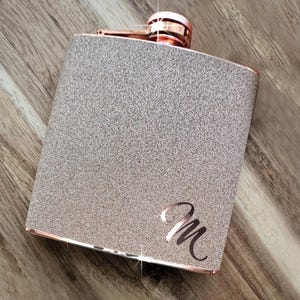 Personalized Monogrammed Cursive Initial Glitter Rose Gold or Silver 6 oz Liquor Hip Flask - Bridesmaids, Birthday, Christmas, gift for her