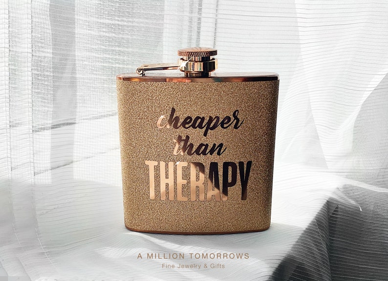 cheaper than THERAPY Flask Glitter Rose Gold or Silver 6 oz Liquor Hip Flask gift for sister mom mother best friend her christmas gift image 2
