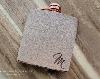 Personalized Monogrammed Cursive Initial Glitter Rose Gold or Silver 6 oz Liquor Hip Flask - Bridesmaids, Birthday, Christmas, gift for her