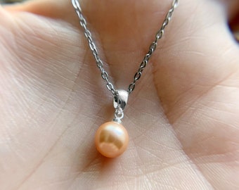 8mm Pearl Solitaire Necklace • Rose Peach Swarovski Crystal Pearl • Minimalist Necklace • Anniversary Gift for Her • Classic Pearls