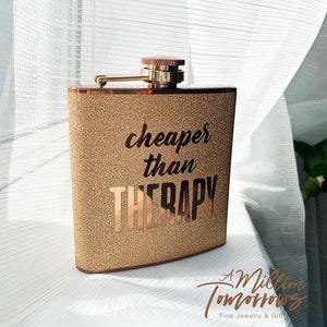 cheaper than THERAPY Flask Glitter Rose Gold or Silver 6 oz Liquor Hip Flask gift for sister mom mother best friend her christmas gift image 3