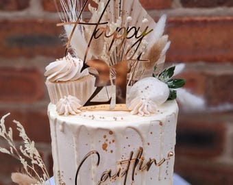 Adorno para tarta de 21 cumpleaños: decoración acrílica personalizada con nombre y edad. Adorno moderno para tarta de 21 años.