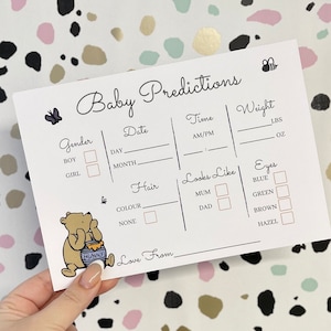 Winnie the Pooh Baby Shower Prediction cards - guess cards A5 | Pack of 10 | Baby Shower Games | Unisex Baby Shower Decor | Pooh Bear