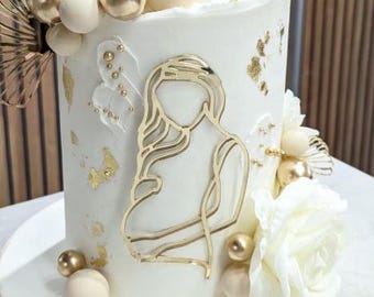 Adorno para tarta con silueta de embarazada, decoración para tarta de baby shower, adorno acrílico para tarta de futura madre, decoración para tarta con arte lineal