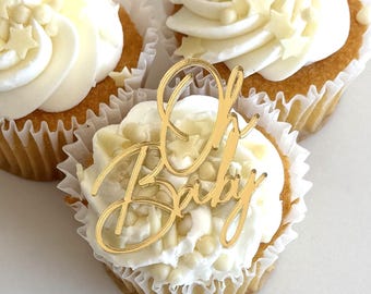 Adornos para cupcakes "Oh Baby" - Decoraciones acrílicas doradas para baby shower - Adornos para tartas para fiestas de revelación de género - Juego de 6, 12 o 24