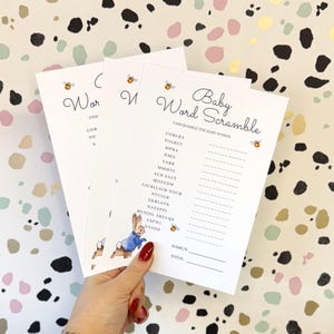 Jeu de mots brouillés pour baby shower Peter Rabbit - A5 | Paquet de 10 | Jeux de baby shower | Décoration de fête prénatale unisexe