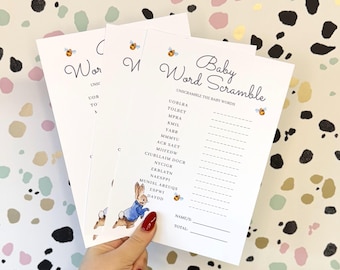 Peter Rabbit Baby Shower Word Scramble Game - A5 | Pack of 10 | Baby Shower Games | Unisex Baby Shower Décor