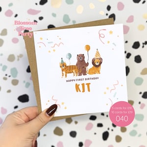 d'anniversaire personnalisée animaux | Carte personnalisée pour votre premier anniversaire | Ours lion et un tigre |  (Réf : 040)
