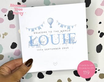 Tarjeta personalizada para recién nacido / Ilustración temática de safari azul / Bienvenida al mundo / Tarjeta de felicitación / Nueva mamá (Ref: 119)