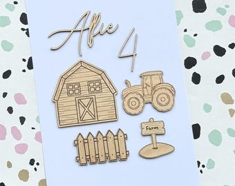 Juego de adornos personalizados para tartas de granja / Decoraciones de madera para tartas con tractor / Nombre y edad personalizados / Adorno para tarta de cumpleaños con temática de granja