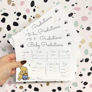 Cartes de prédiction de baby shower de Winnie l'ourson - Cartes de devinette A5 | Paquet de 10 | Jeux de baby shower | Décoration de fête prénatale unisexe | Ourson ourson