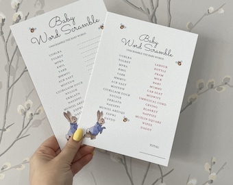 Peter Rabbit Baby Shower Word Scramble Game - A5 | Pack of 10 | Baby Shower Games | Unisex Baby Shower Décor