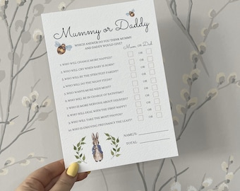 Peter Rabbit Baby Shower Mummy or Daddy Game - A5 | Pack of 10 | Baby Shower Games | Unisex Baby Shower Decor