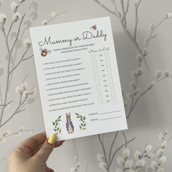 Peter Rabbit Baby Shower Mummy or Daddy Game - A5 | Pack of 10 | Baby Shower Games | Unisex Baby Shower Decor