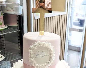Adorno para tarta de acrílico con forma de cruz, para bautizo, comunión y bautismo, con efecto espejo de acrílico y 5 pulgadas.